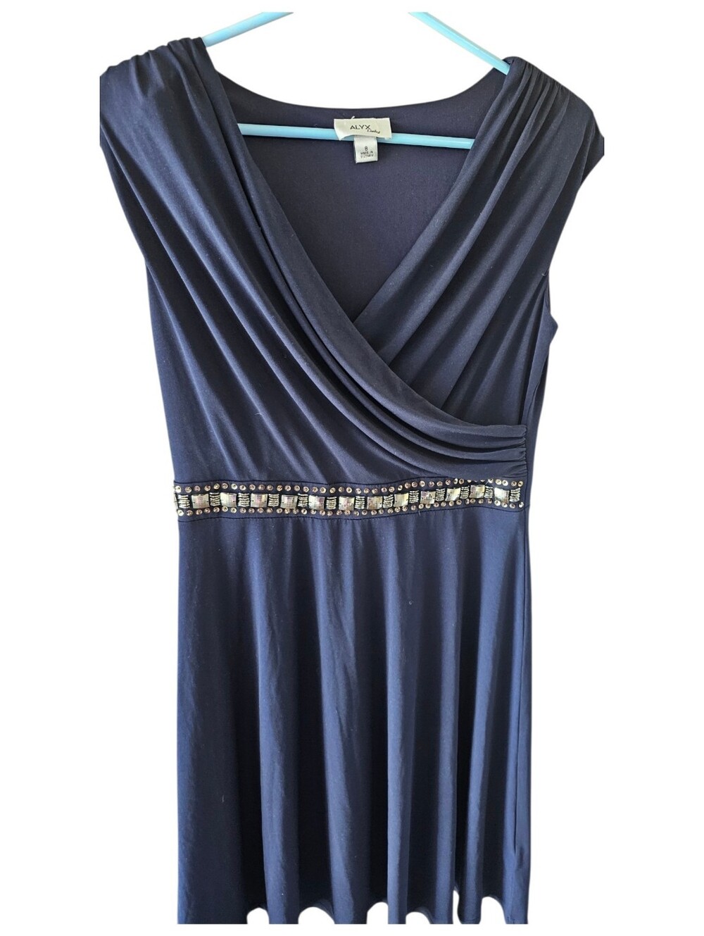 ALYX Navy Blue Faux Wrap Dress Sleeveless Embellished Rhinestone Waist Size 8